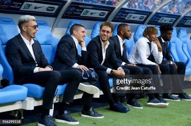 Goalkeeper Sebastien Cibois, Marco Verratti, Neymar Jr, Kevin Rimane, Christopher Nkunku, Timothy Weah of PSG seating on the bench before the French...