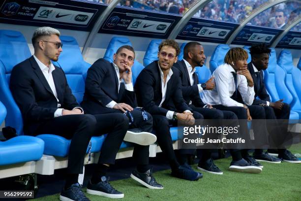 Goalkeeper Sebastien Cibois, Marco Verratti, Neymar Jr, Kevin Rimane, Christopher Nkunku, Timothy Weah of PSG seating on the bench before the French...