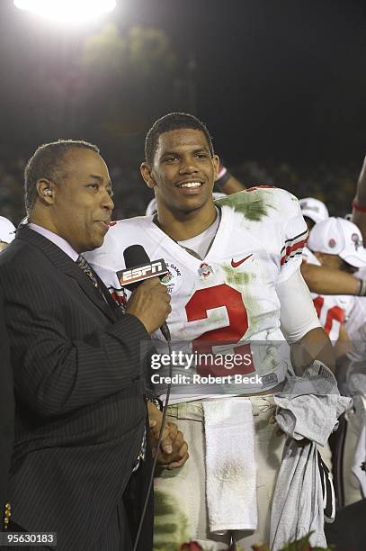 Rose Bowl: Ohio State QB Terrelle Pryor with ESPN announcer John Saunders during interview after game vs Oregon. Media. Pasadena, CA 1/1/2010 CREDIT:...