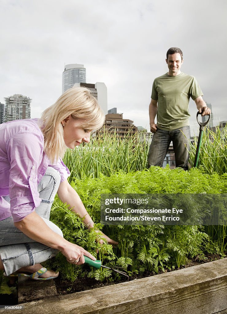 Man and woman gardening in city