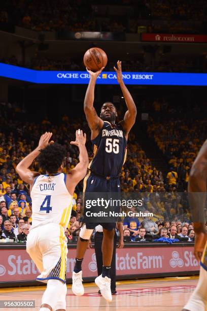 Twaun Moore of the New Orleans Pelicans shoots the ball against the Golden State Warriors in Game Five of the Western Conference Semifinals during...