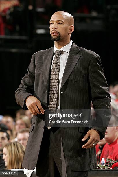 Assistant Coach Monty Williams of the Portland Trail Blazers watches from the sidelines during the game against the Denver Nuggets on December 25,...