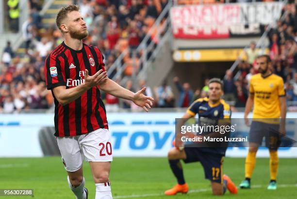 Ignazio Abate of AC Milan celebrates his goal during the serie A match between AC Milan and Hellas Verona FC at Stadio Giuseppe Meazza on May 5, 2018...