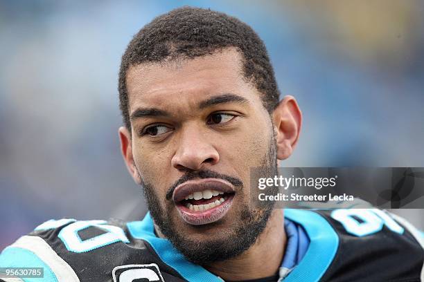 Julius Peppers of the Carolina Panthers looks on the sidelines during the game against the New Orleans Saints at Bank of America Stadium on January...