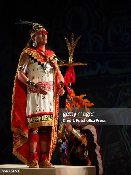 Inca costumed actors performing the sun fest ceremony at the launching of the Inti Raymi Fest at the Huaca Pucllana ruins in Lima. The main event...