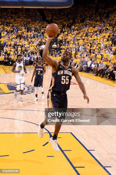 Twaun Moore of the New Orleans Pelicans goes to the basket against the Golden State Warriors in Game Five of the Western Conference Semifinals of the...