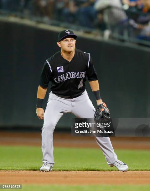 Pat Valaika of the Colorado Rockies in action against the New York Mets at Citi Field on May 5, 2018 in the Flushing neighborhood of the Queens...