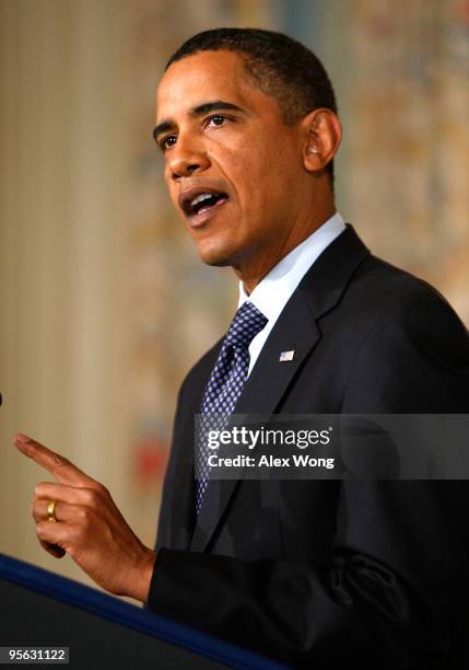 President Barack Obama makes remarks in the State Dining Room on the attempted terror attack on Christmas Day January 7, 2010 at the White House in...