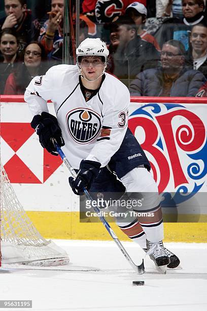 Denis Grebeshkov of the Edmonton Oilers skates against the Calgary Flames on December 31, 2009 at Pengrowth Saddledome in Calgary, Alberta, Canada....