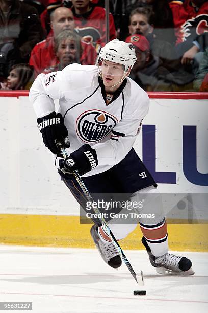 Ladislav Smid of the Edmonton Oilers skates against the Calgary Flames on December 31, 2009 at Pengrowth Saddledome in Calgary, Alberta, Canada. The...