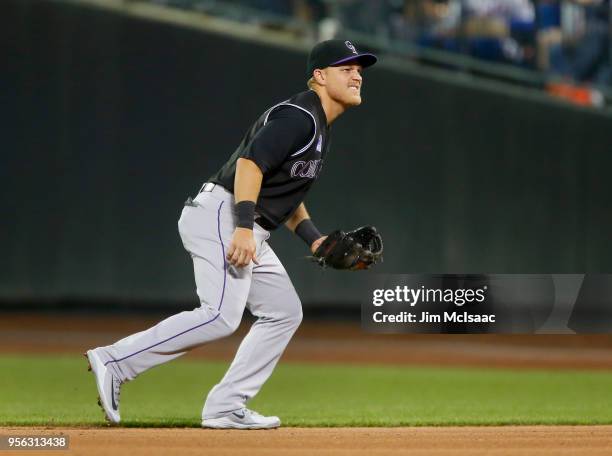 Pat Valaika of the Colorado Rockies in action against the New York Mets at Citi Field on May 5, 2018 in the Flushing neighborhood of the Queens...