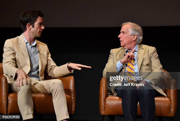 Moderator John Mulaney and actor Henry Winkler speak onstage in a panel discussion for BARRY FYC at Wolf Theatre on May 8, 2018 in North Hollywood,...