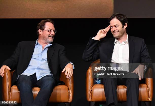 Actors Stephen Root and Bill Hader speak onstage in a panel discussion for BARRY FYC at Wolf Theatre on May 8, 2018 in North Hollywood, California.