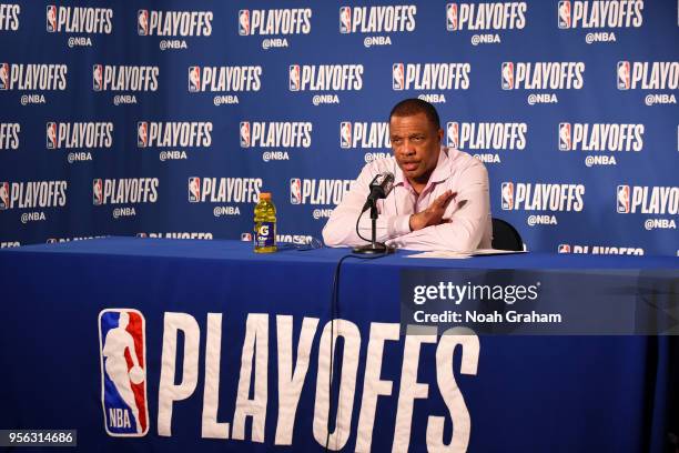 Head Coach Alvin Gentry of the New Orleans Pelicans speaks to the media after Game Five of the Western Conference Semifinals against the Golden State...