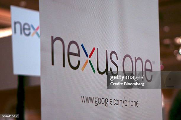 Banner for Google Inc.'s Nexus One phone sits on display during the Digital Experience event at the 2010 International Consumer Electronics Show in...