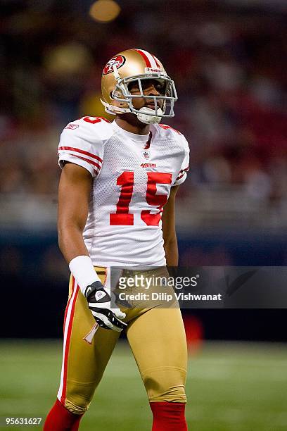 Michael Crabtree of the San Francisco 49ers walks on the field during the game against the St. Louis Rams at the Edward Jones Dome on January 3, 2010...