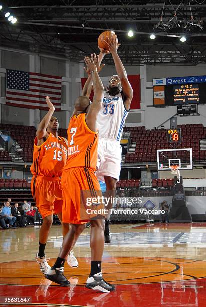 White of the Tulsa 66ers shoots against Carlos Powell of the Albuquerque Thunderbirds during the 2010 D-League Showcase at Qwest Arena on January 7,...