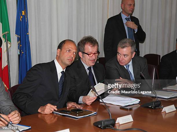 Justice Minister Angelino Alfano , Interior Minister Roberto Maroni and Interior State Secretary Alfredo Mantovano attend a summit focusing on mafia...