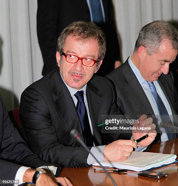 Interior Minister Roberto Maroni attends a summit focusing on mafia activity, January 07, 2009 in Reggio Calabria, Italy. Security has been...