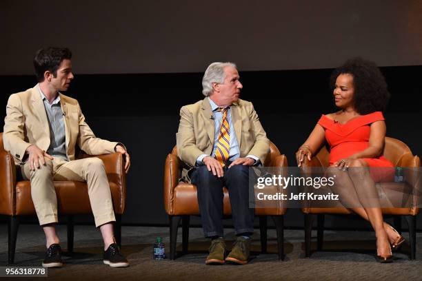 Moderator John Mulaney and actors Henry Winkler and Paula Newsome speak onstage in a panel discussion for BARRY FYC at Wolf Theatre on May 8, 2018 in...