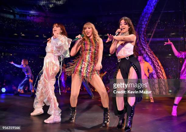 Charli XCX, Taylor Swift and Camila Cabello perform onstage during opening night of Taylor Swift's 2018 Reputation Stadium Tour at University of...
