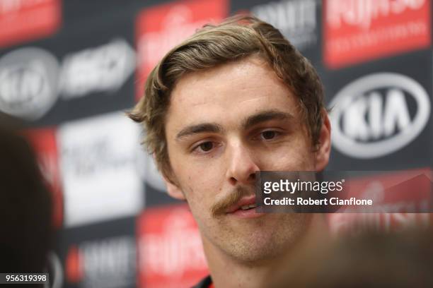 Joe Daniher of the Bombers speaks to the media during an Essendon Bombers AFL training session at the Hangar on May 9, 2018 in Melbourne, Australia.