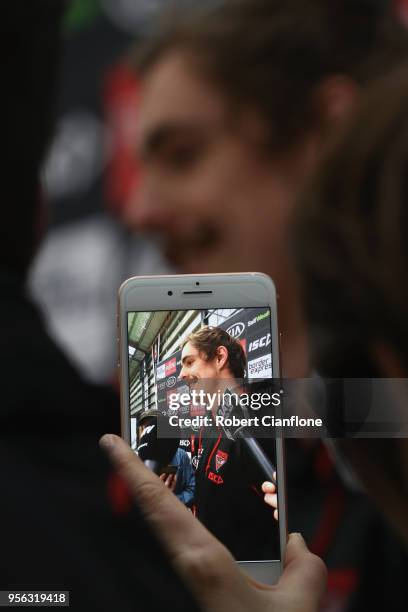 Joe Daniher of the Bombers speaks to the media during an Essendon Bombers AFL training session at the Hangar on May 9, 2018 in Melbourne, Australia.