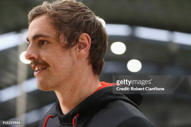 Joe Daniher of the Bombers speaks to the media during an Essendon Bombers AFL training session at the Hangar on May 9, 2018 in Melbourne, Australia.