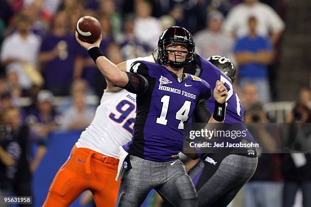 Quarterback Andy Dalton of the TCU Horned Frogs passes the ball against the Boise State Broncos during the Tostitos Fiesta Bowl at the Universtity of...