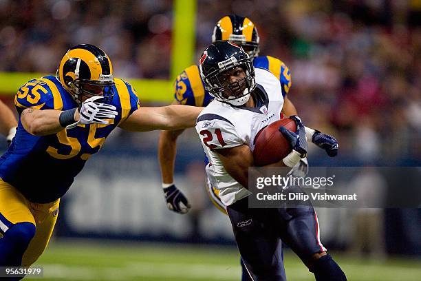 Ryan Moats of the Houston Texans carries the ball against James Laurinaitis of the St. Louis Rams at Edward Jones Dome on December 20, 2009 in St....