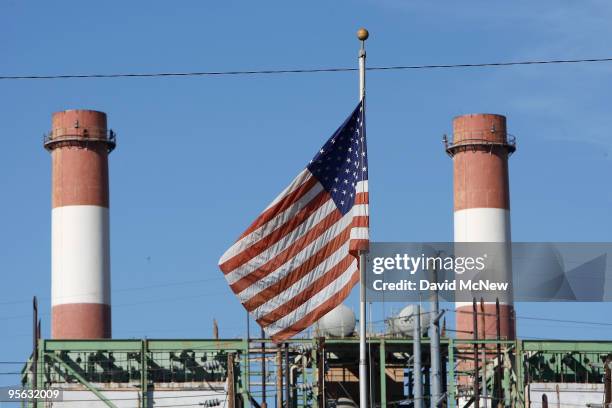 Flag flies at the Department of Water and Power San Fernando Valley Generating Station on January 7, 2010 in Sun Valley, California. The...