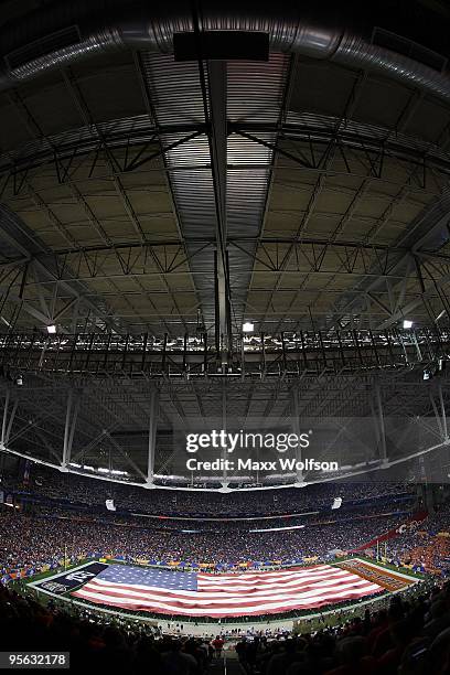 General view of the American flag on the field during the national anthem before the Tostitos Fiesta Bowl between the Boise State Broncos and the TCU...