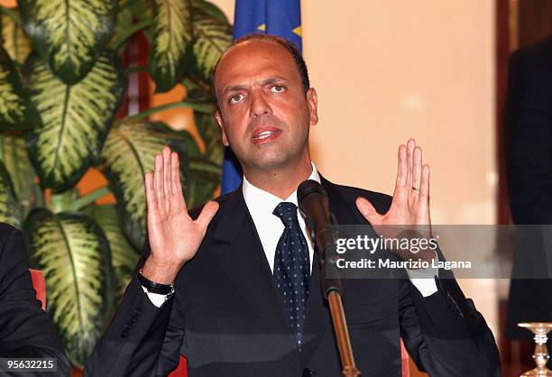 Justice Minister Angelino Alfano attends a news conference after a summit focusing on mafia activity, January 07, 2009 in Reggio Calabria, Italy....