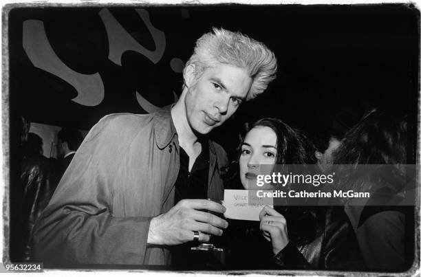 American film maker Jim Jarmusch and American actress Winona Ryder pose for a photo at a party for the premiere of Jarmusch's film 'Night on Earth'...