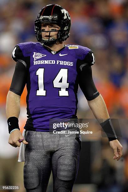 Quarterback Andy Dalton of the TCU Horned Frogs looks on against the Boise State Broncos during the Tostitos Fiesta Bowl at the Universtity of...