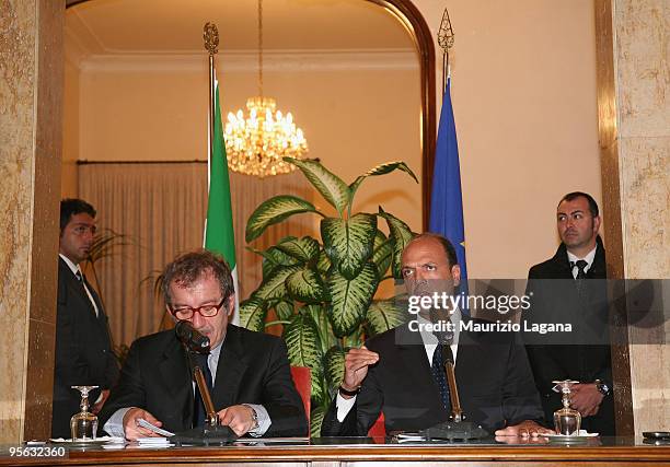 Interior Minister Roberto Maroni and Justice Minister Angelino Alfano attend a news conference after a summit focusing on mafia activity, January 07,...