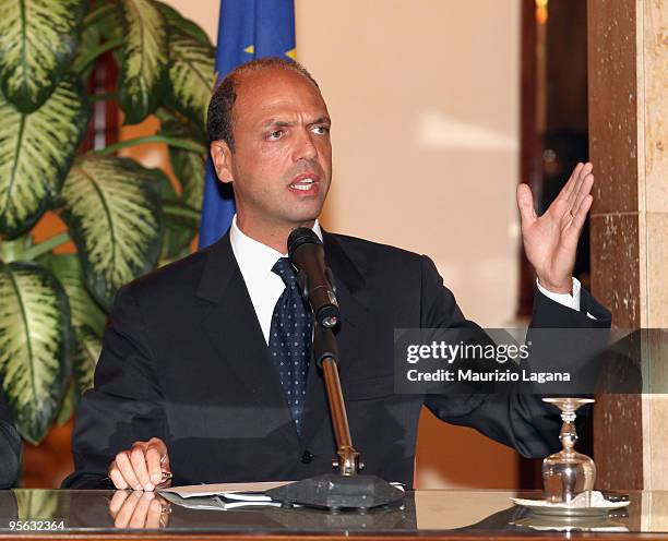 Justice Minister Angelino Alfano attends a news conference after a summit focusing on mafia activity, January 07, 2009 in Reggio Calabria, Italy....