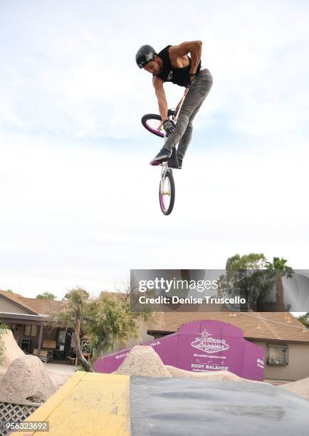 Professional BMX rider Ricardo Laguna performs a 360 Turn Down on the box jump at RL's Backyard on May 8, 2018 in Las Vegas, Nevada.