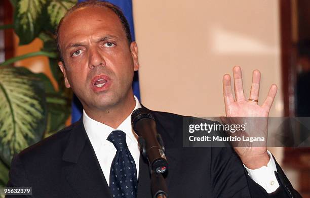 Justice Minister Angelino Alfano attends a news conference after a summit focusing on mafia activity, January 07, 2009 in Reggio Calabria, Italy....