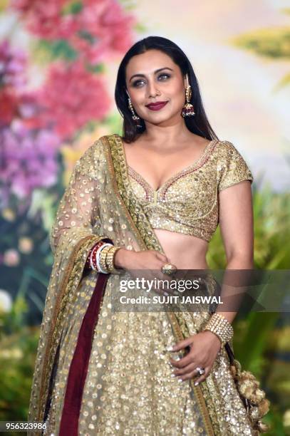 Indian Bollywood actress Rani Mukharjee poses for a picture during the wedding reception of actress Sonam Kapoor and businessman Anand Ahuja in...