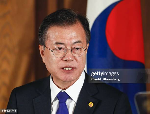 Moon Jae-in, South Korea's president, speaks during a joint news conference following a trilateral summit with Japan's Prime Minister Shinzo Abe and...