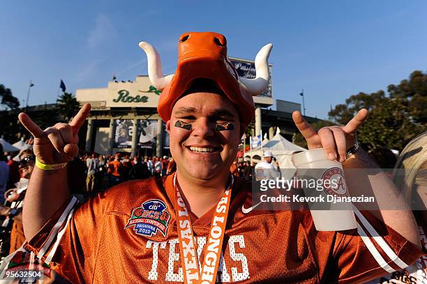 Fan of the Texas Longhorns stands outside the stadium prior to the game against the Alabama Crimson Tide in the Citi BCS National Championship game...