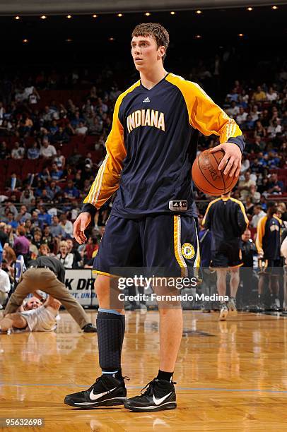 Tyler Hansbrough of the Indiana Pacers warms up prior to the game against the Orlando Magic on December 14, 2009 at Amway Arena in Orlando, Florida....