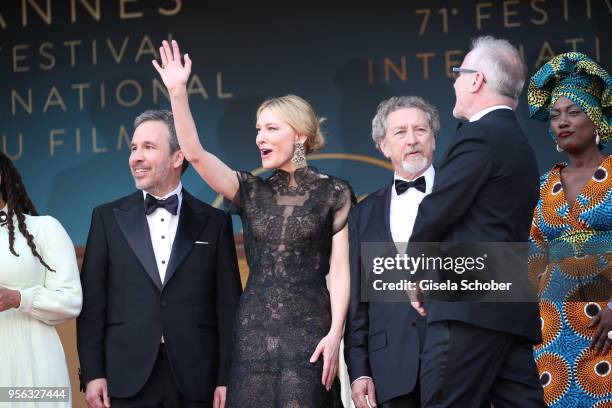 Jury president Cate Blanchett waves with jury members, Denis Villeneuve and Khadja Nin and Cannes Film Festival Director Thierry Fremaux at the...