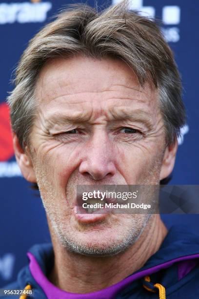 Storm head coach Craig Bellamy speaks to media during a Melbourne Storm NRL training session at AAMI Park on May 9, 2018 in Melbourne, Australia.