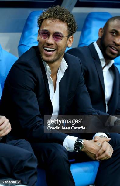 Marco Verratti, Neymar Jr of PSG seating on the bench before the French Cup final between Les Herbiers VF and Paris Saint-Germain at Stade de France...