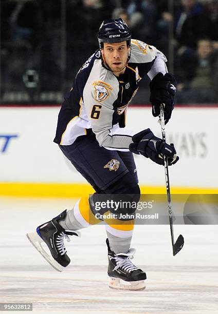 Shea Weber of the Nashville Predators skates against the Calgary Flames on January 5, 2010 at the Sommet Center in Nashville, Tennessee.