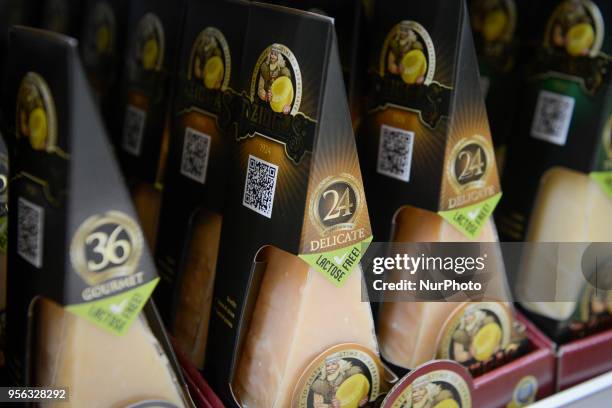 Lactose free cheese resembling Italian parmasan cheese is seen on display at the POLAGRA international trade fair for food in Poznan, Poland on May...