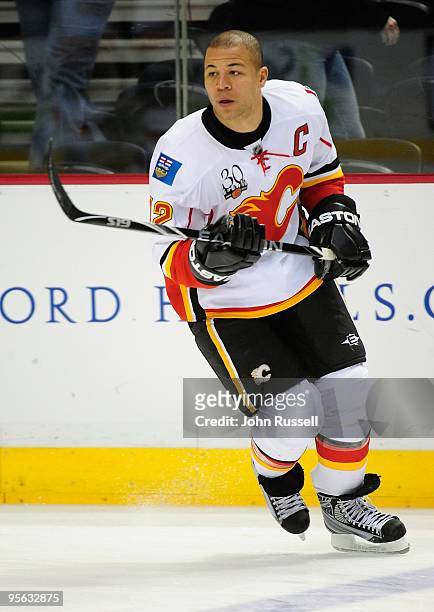 Jarome Iginla of the Calgary Flames skates during warmups prior to a game against the Nashville Predators on January 5, 2010 at the Sommet Center in...