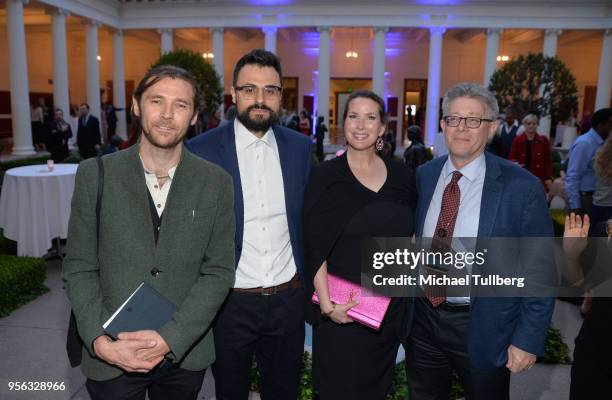 Filmmaker Oscar Sharp, poet Gabriele Tinti, Megan Phillips and guest attend BritWeek at The Getty Villa on May 8, 2018 in Pacific Palisades,...